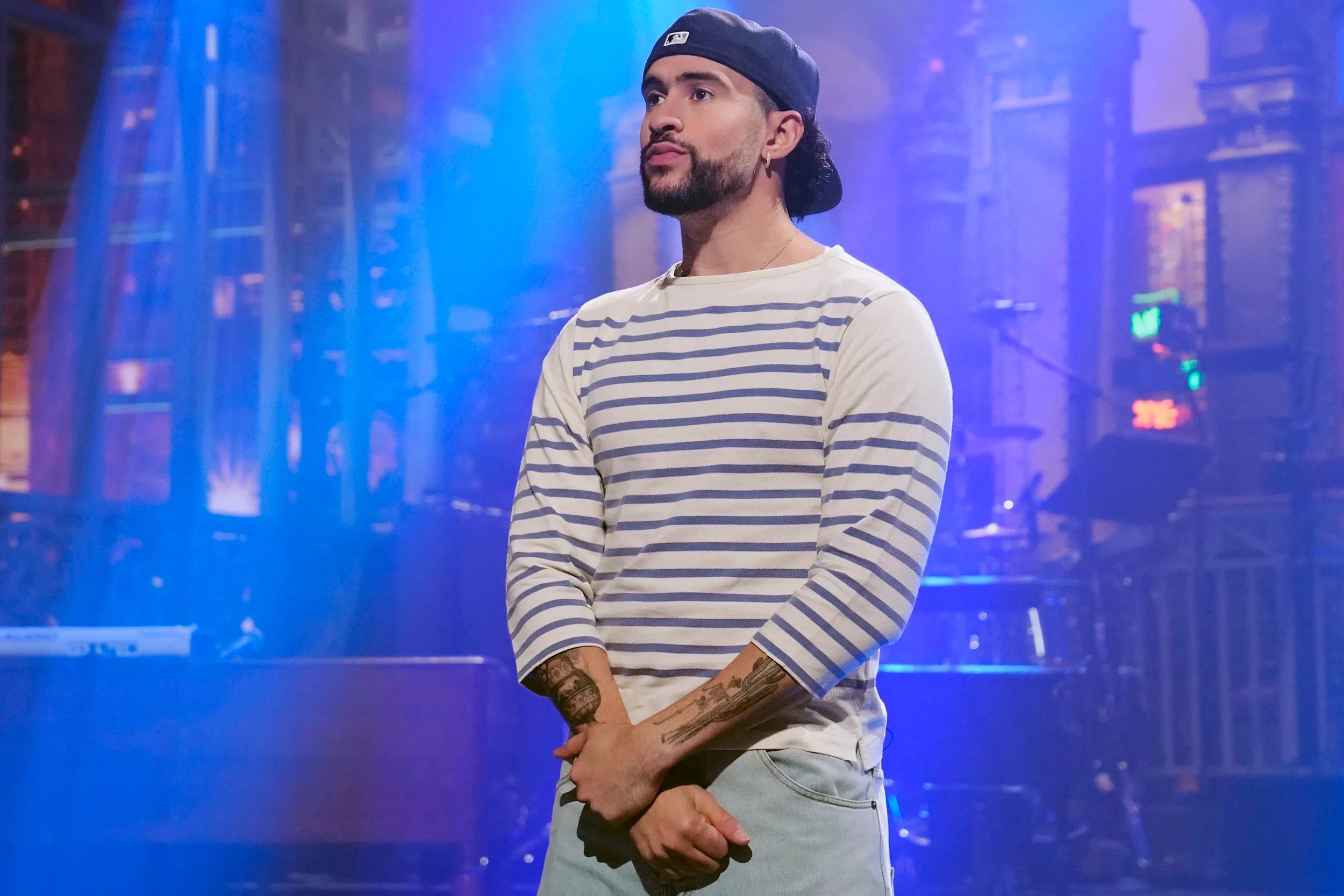 Bad Bunny on the stage for SNL, 2023
