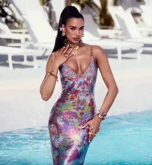 Dua Lipa wearing dress from Vercace collaboration