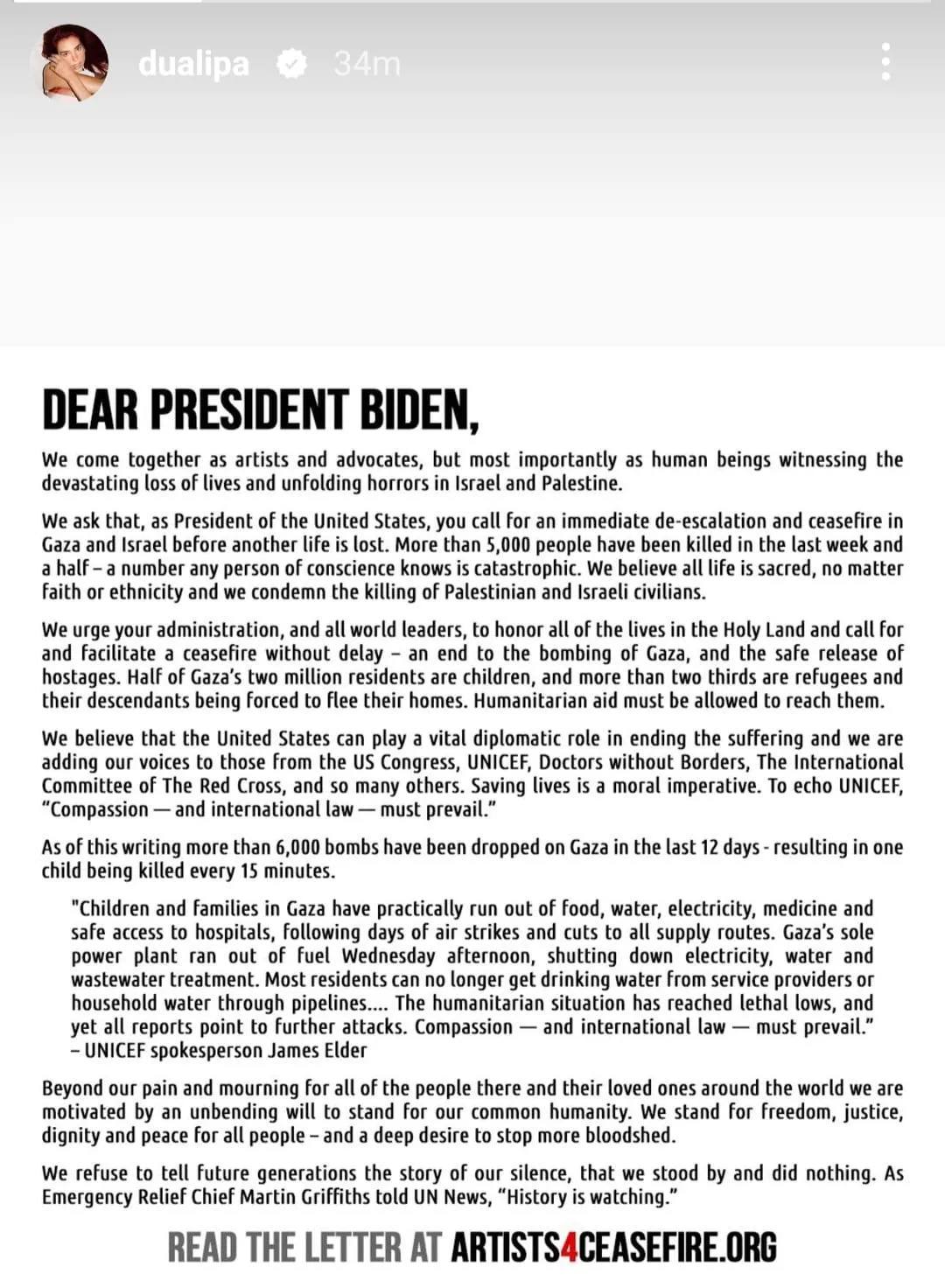 Carta de Dua Lipa, Joaquin Phoenix, Jon Stewart y más piden a Biden un alto el fuego en Gaza: 'One Child Being Killed Every 15 Minutes'