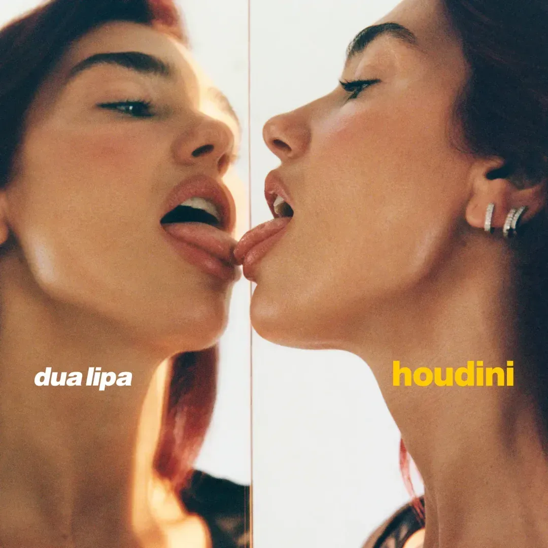 Dua Lipa with auburn hair licking the mirror reflection for the 'Houdini' announcement
