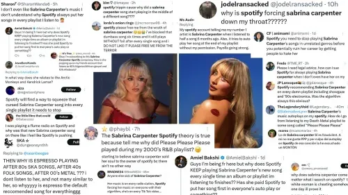 Spotify รวมเพลง 'Please Please Please' ของ Sabrina Carpenter ในเพลย์ลิสต์ที่ไม่เกี่ยวข้อง ผู้ใช้แสดงความไม่พอใจ และกล่าวหาว่า Spotify มีการจ่ายเงินให้เล่นเพลง