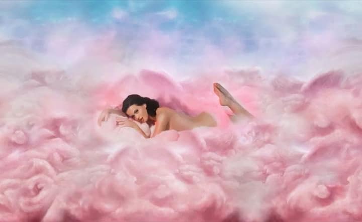 Katy Perry in a pink cloud, "Teenage Dream' album cover art