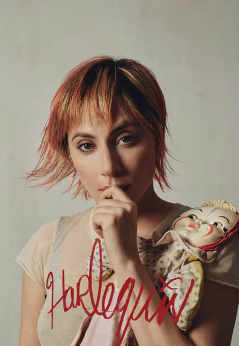 Lady Gaga with a pink pixie cut, channeling Harley Quinn ahead of the Harlequin release on September 27.