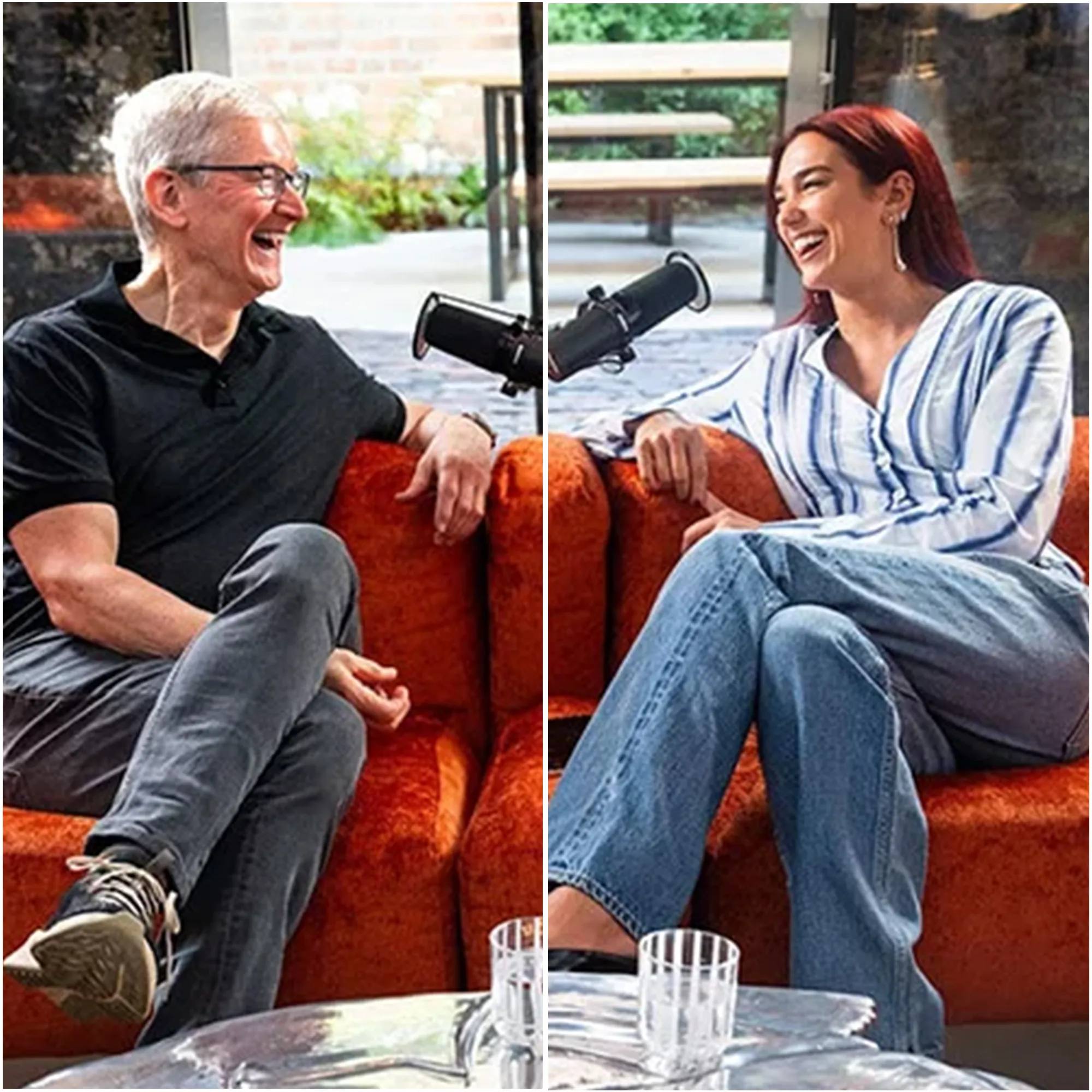 Tim Cook and Dua Lipa sitting on a red couch for an interview on AI for Dua Lipa: At Your Service