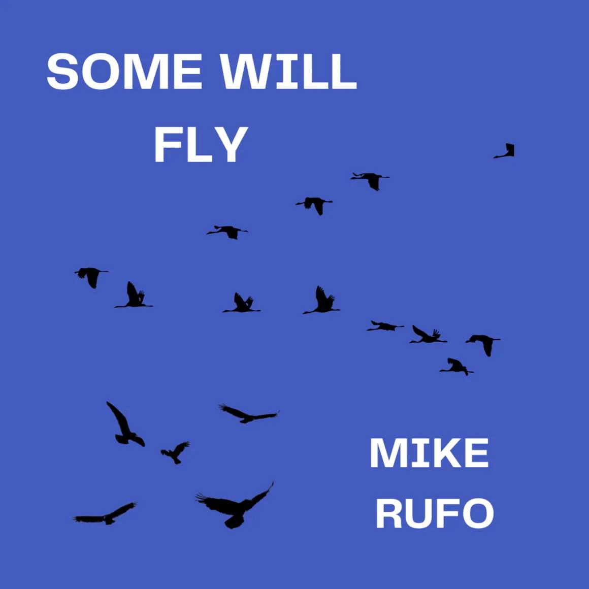 Mike Rufo, "Some Will Fly", single cover art: a black flock of birds on blue background with with text