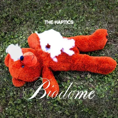 The Haptics, "Biodome" single cover art: a teddy bear nyekundu iliyokatwa kwenye nyasi ya kijani na maandishi ya kichwa nyeupe.