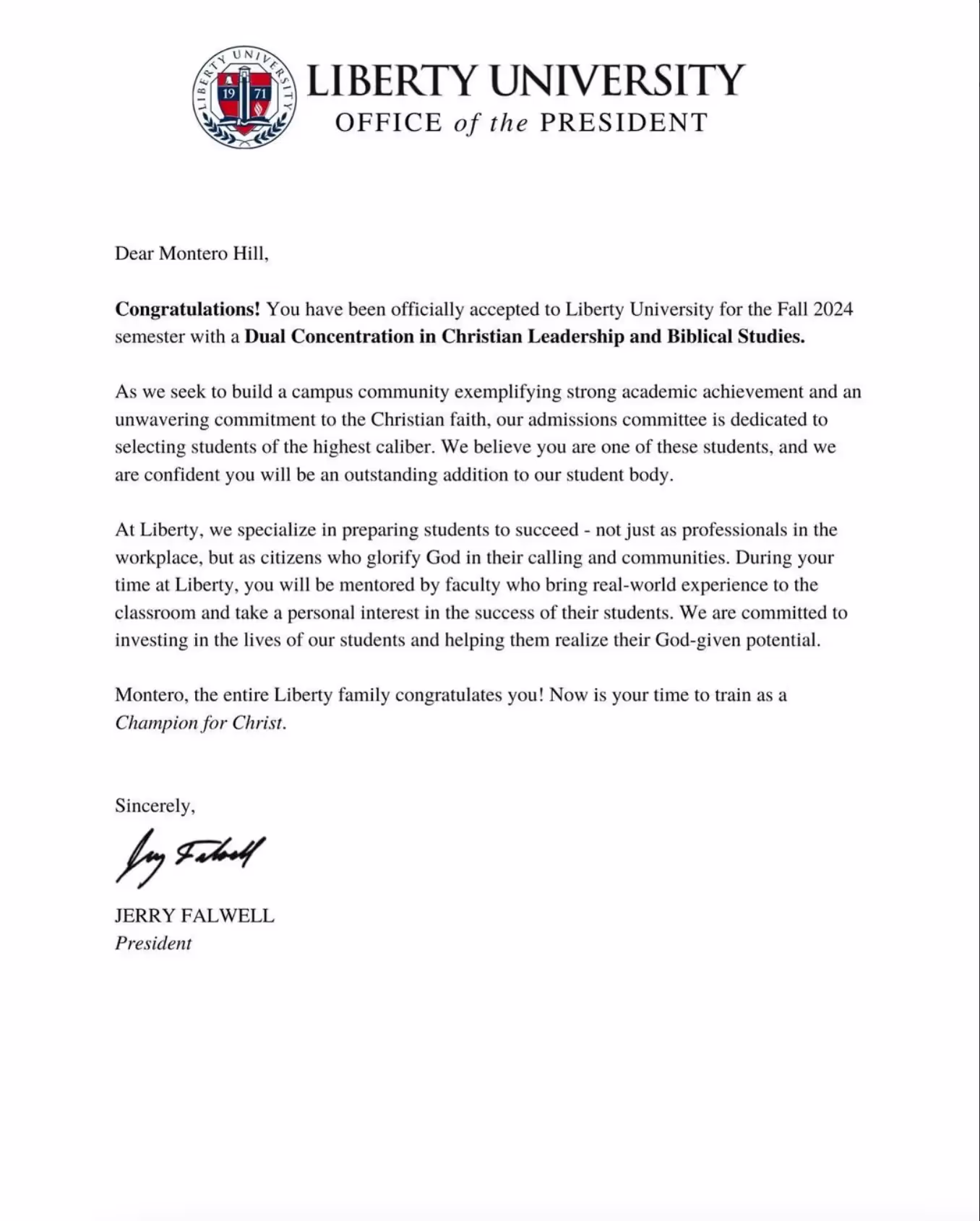 Lil Nas X's acceptance letter to Liberty University for dual concentration in Christian Leadership and Biblical Studies.