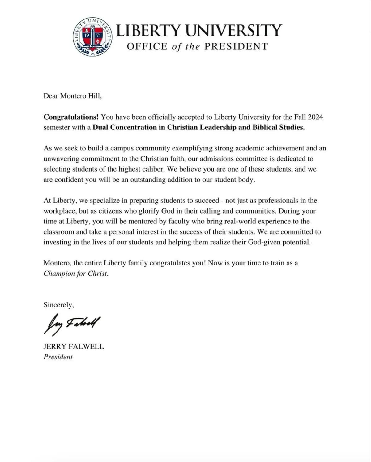 Lil Nas X's acceptance letter to Liberty University for dual concentration in Christian Leadership and Biblical Studies.