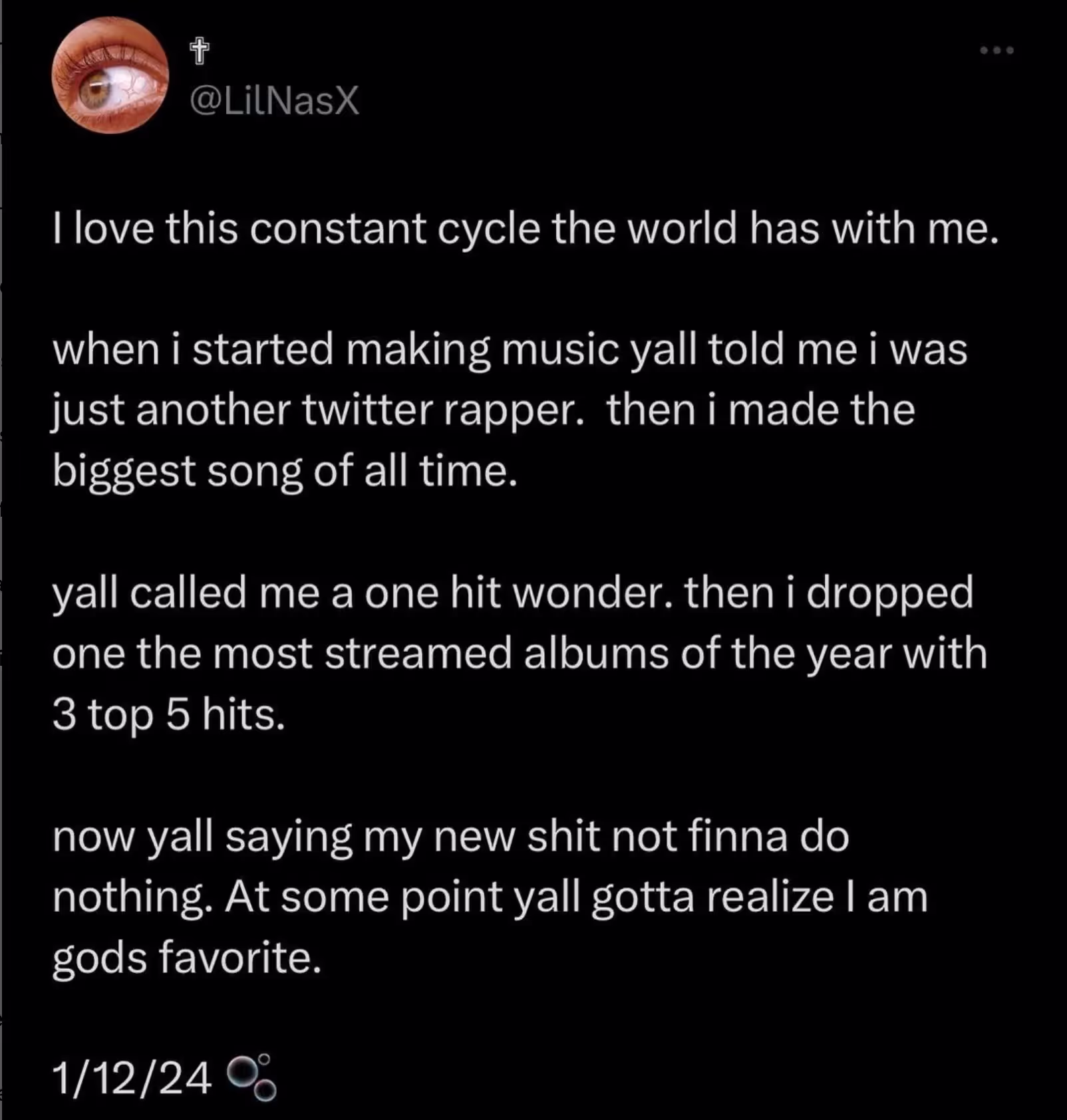 Lil Nas X's post on social media slamming haters, 'I am gods favorite'