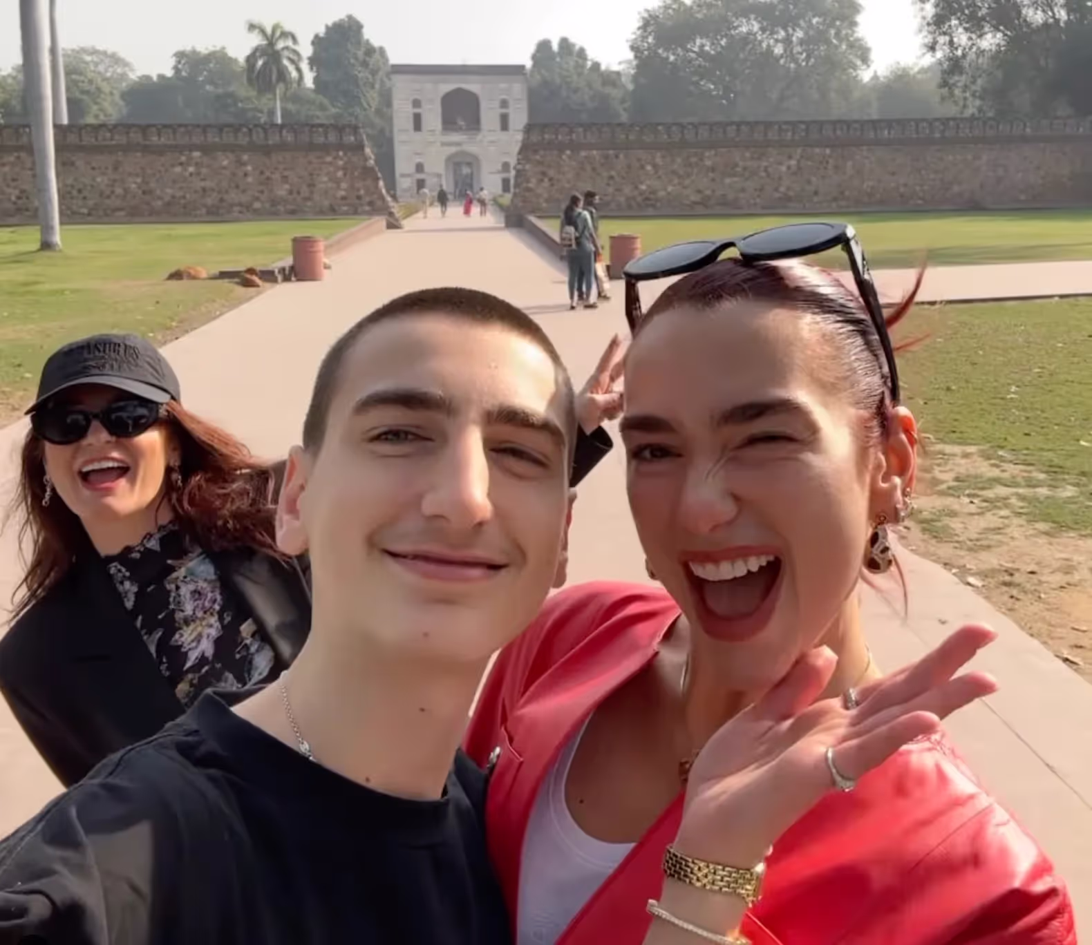 Dua Lipa with her mother, Anesa Lipa, and brother, Gjin Lipa, visiting Delhi