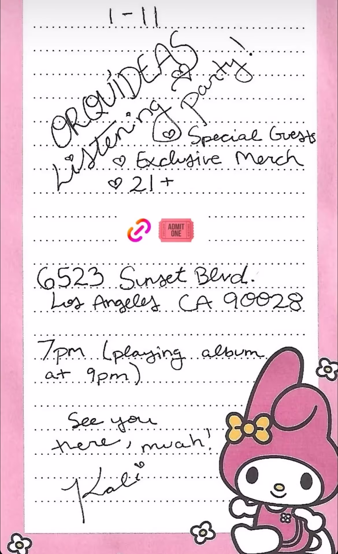 Kali Uchis shares details about "Orquideas" listening party in LA via her Instagram