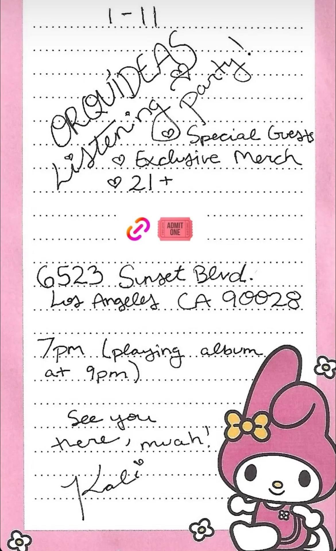 Kali Uchis shares details about "Orquideas" listening party in LA via her Instagram