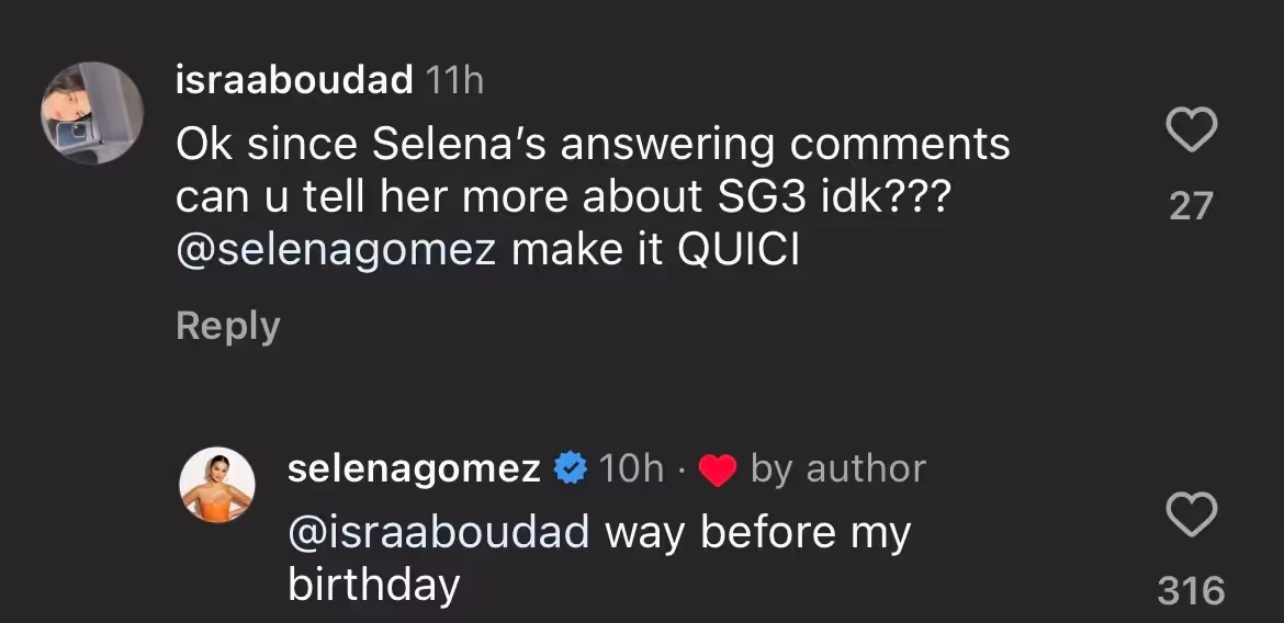 Selena Gomez "way before my birthday" when questioned about SG3