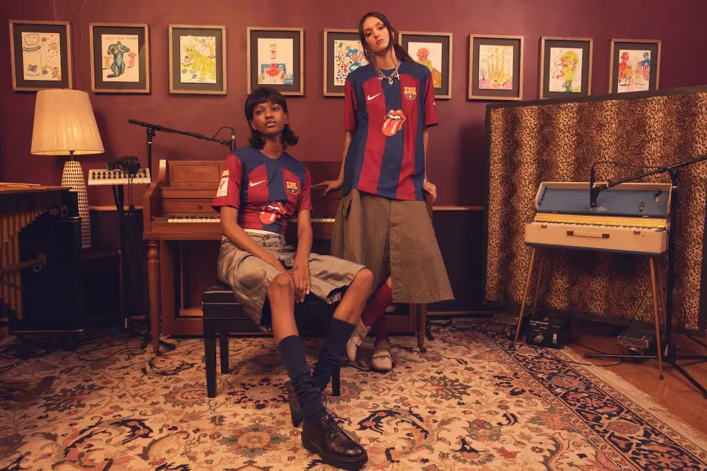 Two models wearing FC Barcelona x Rolling Stones Jersey at the studio