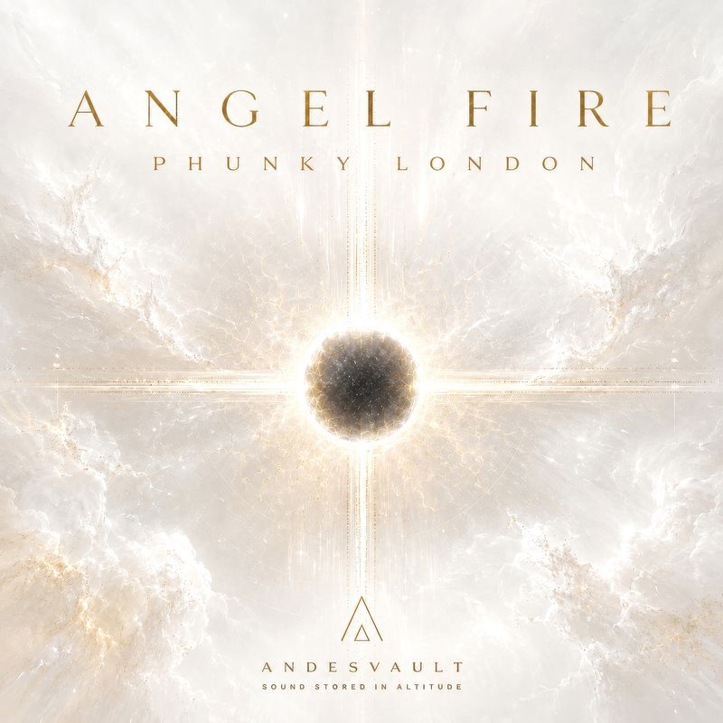 Cover artwork for 'Angel Fire' by Phunky London, featuring a luminous celestial formation surrounding a dark static void.
