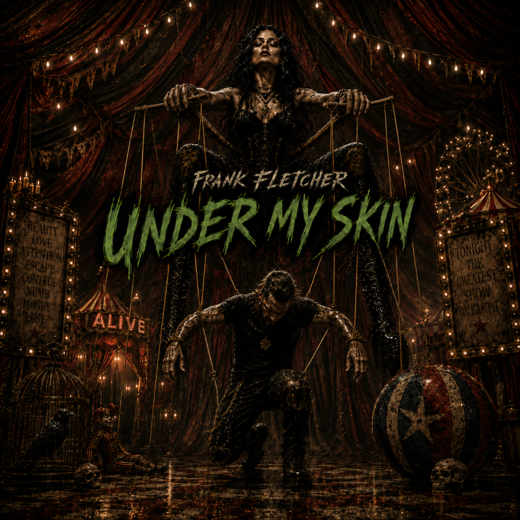 Frank Fletcher, “Under My Skin” single cover: a gothic circus scene with a marionette puppeteer controlling a kneeling man amid dark carnival imagery.