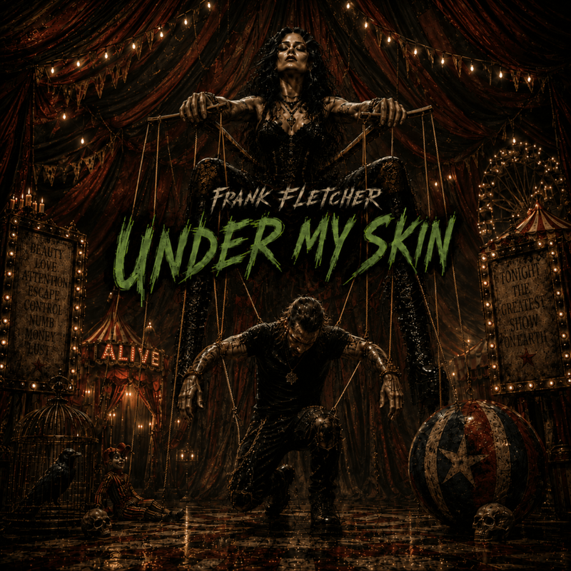 Frank Fletcher, “Under My Skin” single cover: a gothic circus scene with a marionette puppeteer controlling a kneeling man amid dark carnival imagery.