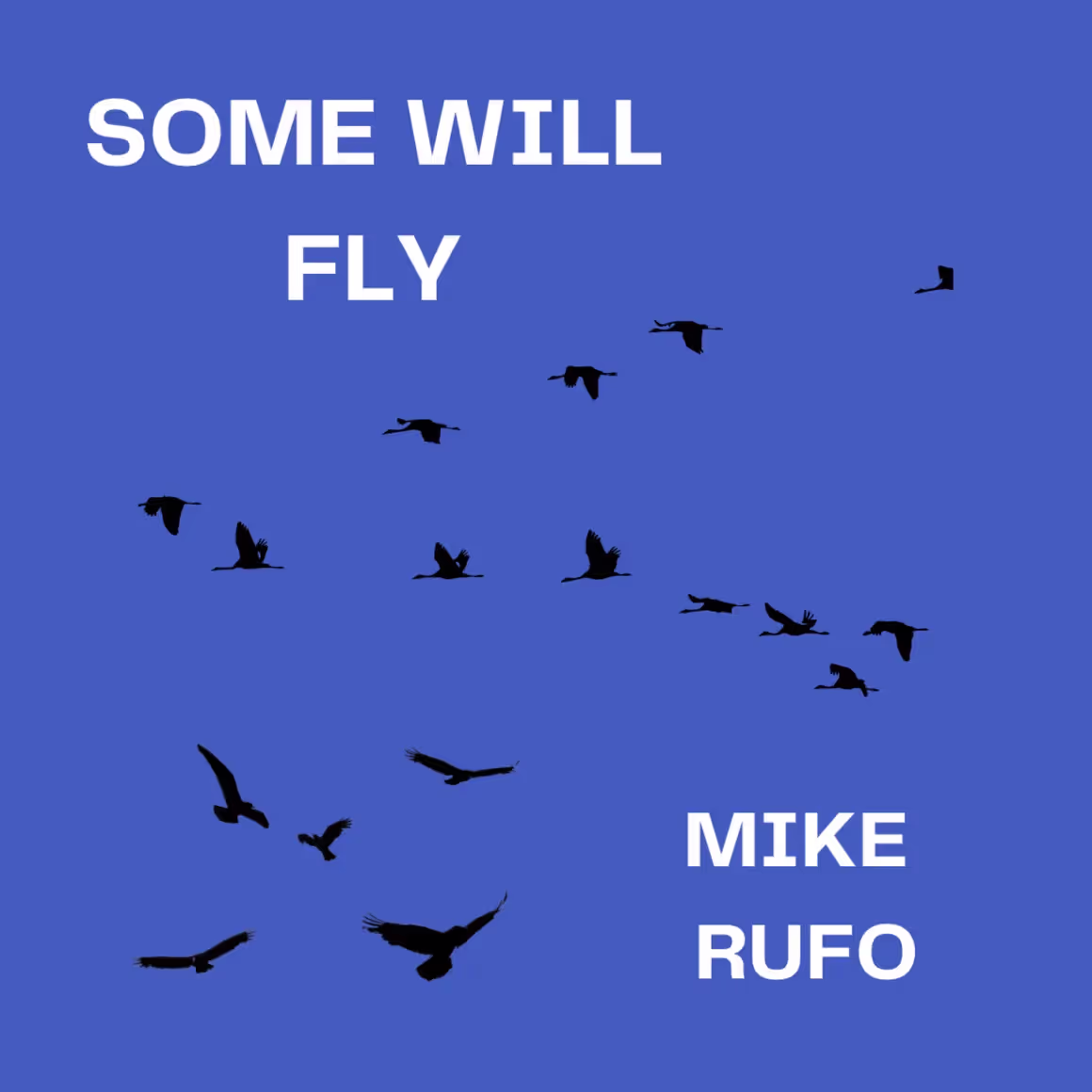Mike Rufo, "Some Will Fly", single cover art: a black flock of birds on blue background with with text